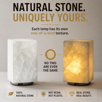 Natural Solid Stone Table Lamp with One-Of-A-Kind Crystal Texture, Small Accent Lamp with 3 Colors Dimmable LED, Unique Lamp for Bedroom Living Room, Cuboid White