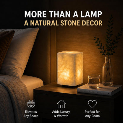 Natural Solid Stone Table Lamp with One-Of-A-Kind Crystal Texture, Small Accent Lamp with 3 Colors Dimmable LED, Unique Lamp for Bedroom Living Room, Cuboid White